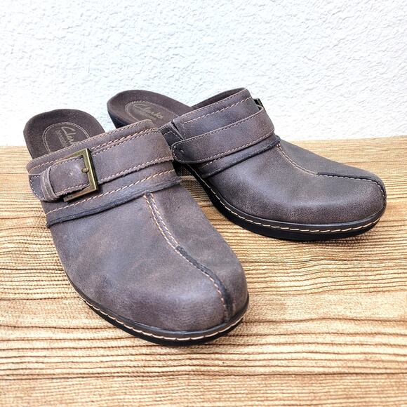 Clarks Bendables Leather Clogs Womens Shoes SZ 12 Brown Mules Buckles Split - Picture 11 of 11